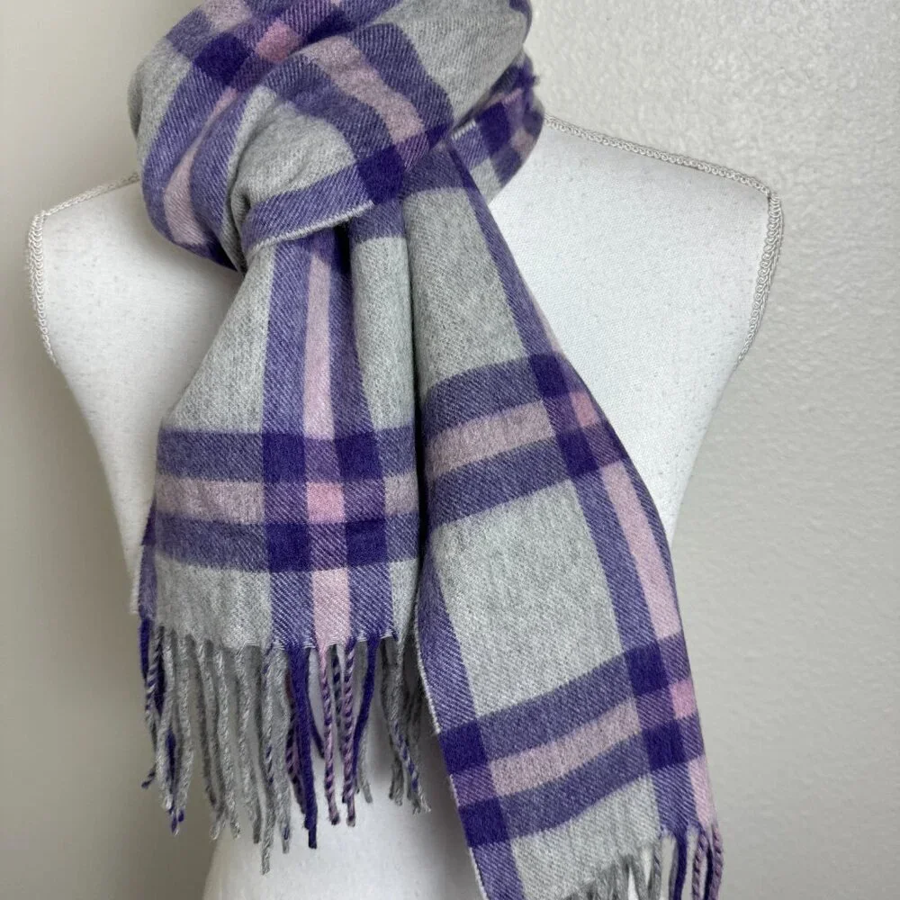 NWOT 100% Cashmere Scarf UNISEX  Plaid Gray & Purple
